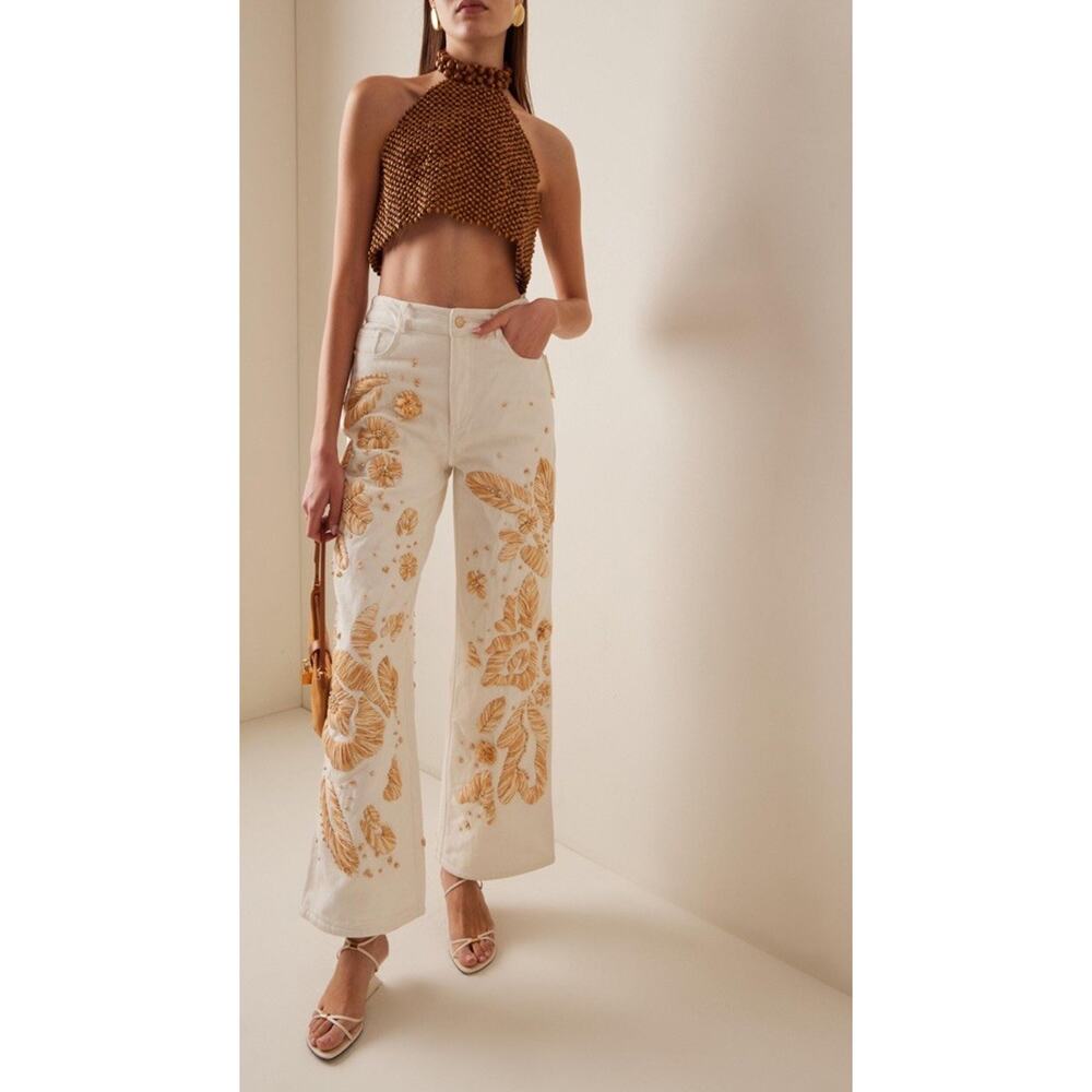 Cult Gaia Jarli White Raffia Appliqué High Rise Wide Leg Jeans XS - Picture 2 of 16